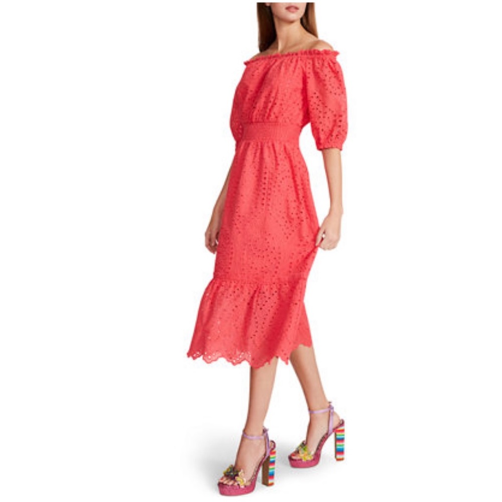 Hot pink Betsy Johnson eyelet off-shoulder midi dress